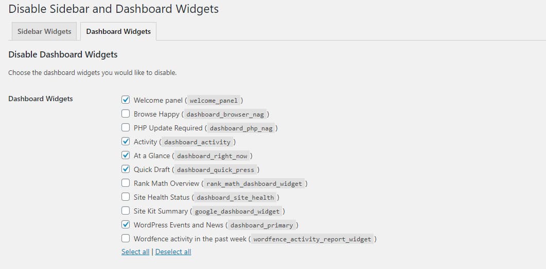 Disable Dashboard Widget